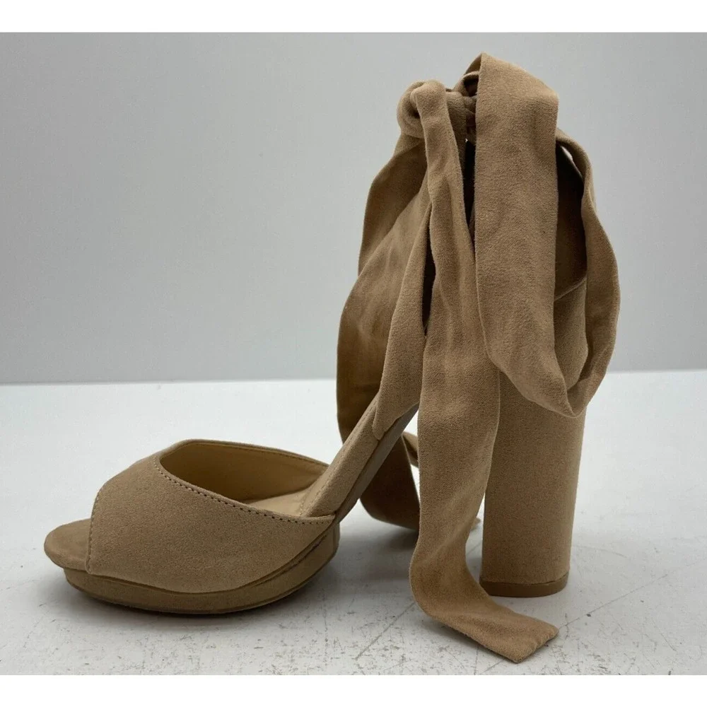 Lulu's Dorian Nude Open Toe Crisscross Ankle Strap Heel Woman's Size 5.5